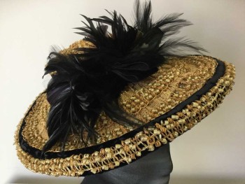 Womens, Hat 1890s-1910s, MTO, Tan Brown, Black, Straw, Feathers, Woven and Looped Straw Hat, Black Floral Velvet Hatband, Black Brim Trim, Brim Wider In Front Than BackBlack Feather Front with Black Velvet Bow,