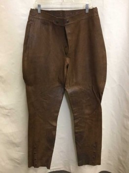 Mens, Leather Pants, N/L, Brown, Leather, Solid, Flat Front, Snap Fly, Adjustable Buckles At Sides, 4 Pocket, Brown Satin Lining, " P. Doyle" "Riding Double"