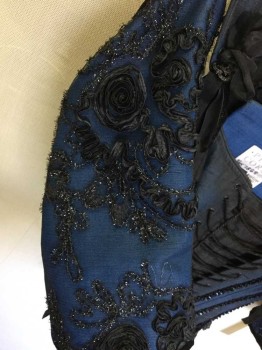 Womens, Historical Fiction Corset, Period Corsets, Navy Blue, Black, Silk, Netting, Floral, 22+, 28+, Black Velvet Trim, Beaded & Sequin Detail, Black Ribbon Floral