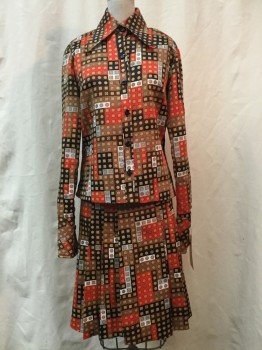 Womens, 1960s Vintage, Top, CANDA, Brown, Lt Brown, Black, Red, Gray, Synthetic, Geometric, W 26, B 34, Shirt, Button Front, Collar Attached, Long Sleeves,