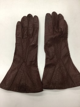 Womens, Gloves 1890s-1910s, NO LABEL, Red Burgundy, Leather, Speckled, Burgundy, Embossed Speckled Print