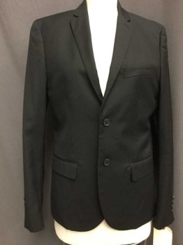 H&M, Black, Polyester, Solid, Single Breasted, Notched Lapel, 2 Buttons, 3 Pockets,