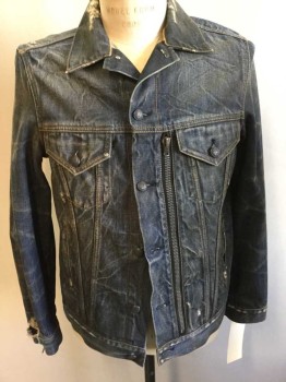 R 13, Blue, Cotton, Solid, Aged and Worn Jean Jacket, Button Front, Long Sleeves, Collar Attached, , Ripped and Patched Under, 4 Pockets, 1 Large Zip Pocket with Pockets Inside