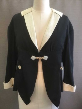 Womens, Jacket 1890s-1910s, N/L, Black, Cream, Polyester, Solid, B: 36, Solid Black with Cream Woodgrain Texture Brocade Cuffs and Notch Collar, Cream Lace At Cuffs & Collar, Cream Square Mother Of Pearl Buttons with Cream Cord Closure At Center Front, Made To Order,