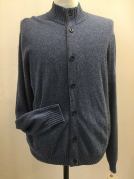 SAKS 5TH AVE, Dusty Blue, Gray, Cashmere, Solid, Bar Code Left Armhole, Button Front, Long Sleeves, Rib Knit Moc Neck/ Cuffs/ Waistband, 7 Buttons,  2 Vertical Welt Pocket, Trims in Gray Ultrasuede
