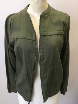 OLD NAVY, Olive Green, Cotton, Solid, Zip Front, Yoke, 2 Pockets, Rib Knit Collar and Cuffs