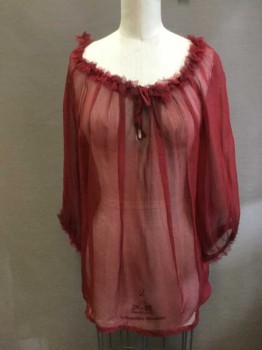 Womens, Historical Fiction Blouse, NO LABEL, Cranberry Red, Silk, Solid, M, Sheer, Gathered Scoop Neck, 3/4 Raglan Sleeve, Ruffle Elastic Wrists, Keyhole Tie Ribbon CF