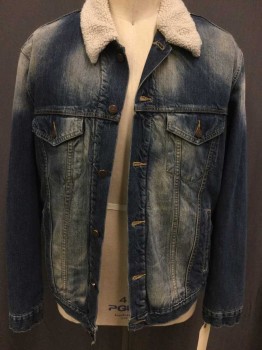 Mens, Jean Jacket, LEVI STRAUSS & CO., Blue, Cotton, Solid, XL, with Faded Patches, Cream Fleece Lining/ Collar, 4 Pockets