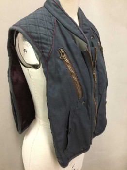 Unisex, Sci-Fi/Fantasy Vest, N/L, Slate Gray, Red Burgundy, Bronze Metallic, Cotton, Metallic/Metal, Solid, Slate Canvas, W/Burgundy Piping + Burgundy Lining, Bronze Zipper At Front & On 2 Pockets, Quilted Panels At Shoulders, Tabard Style W/Open Sides