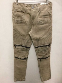 8IGHTH DSTRKT, Tan Brown, Cotton, Spandex, 30 Low Waist, Tan Denim, Skinny Leg, Ribbed/Pintucked Moto Panels At Knees, Bronze Zippers At Knees, Lightly Aged/Dirty
