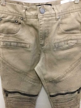 8IGHTH DSTRKT, Tan Brown, Cotton, Spandex, 30 Low Waist, Tan Denim, Skinny Leg, Ribbed/Pintucked Moto Panels At Knees, Bronze Zippers At Knees, Lightly Aged/Dirty