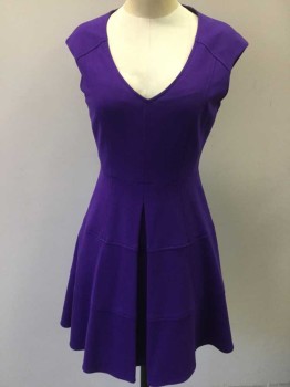 NANETTE LEPORE, Purple, Polyester, Solid, V-neck, Cap Sleeves, Sporty Design Lines, Center Front Box Pleat in Skirt