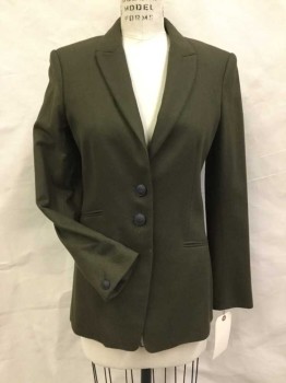 RAG & BONE, Olive Green, Wool, Nylon, Solid, Single Breasted, 2 Buttons,  Peaked Lapel, 3 Pockets, Black Leather Detail Under Collar