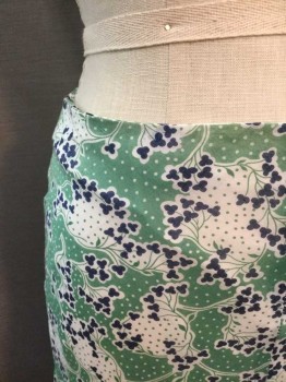 PAUL & JOE, Lt Green, White, Navy Blue, Cotton, Floral, Polka Dots, Fitted Top Part with A-line Bottom Half, Hidden Zip Back