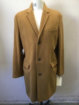 Mens, Coat, Overcoat, J CREW, Caramel Brown, Wool, Cashmere, Solid, 40, Single Breasted, 3 Buttons,  3 Pockets, Notched Lapel,