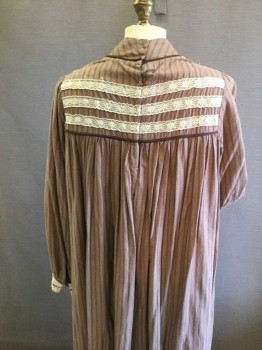 Childrens, Dress 1890s-1910s, M.T.O., Brown, Cream, Cotton, Rayon, Stripes, Ch 34, Girls Dress. Brown Pin Stripe Cotton with Cream Eyelet Lace Trim at Yoke Front & Back, & Cuffs, Long Sleeves, Hook & Eye Closures at Center Back, Upper, High Collar Band