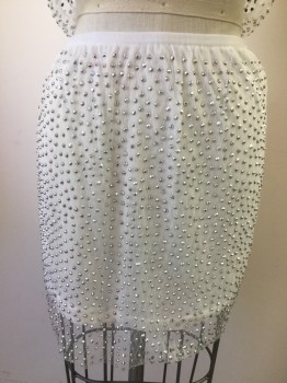 Womens, Dress, Piece 2, N/L, White, Silver, Synthetic, Medium, Skirt, Iron on Silver Rhinestones, White Knit Under Layer, Over Layer of Netting and Stones,  Vegas Wedding, Hot Night Out