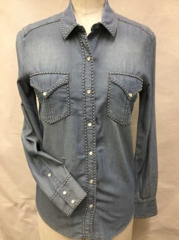 IRO, Denim Blue, Silver, Cotton, Solid, Blue Denim, Metal Studded Trim, Button Front, Collar Attached, Long Sleeves, 2 Flap Pockets