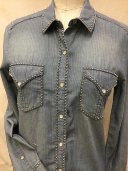 IRO, Denim Blue, Silver, Cotton, Solid, Blue Denim, Metal Studded Trim, Button Front, Collar Attached, Long Sleeves, 2 Flap Pockets