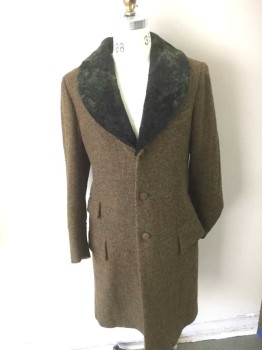 Mens, Coat, N/L, Brown, Wool, Fur, Speckled, Solid, 36, Finely Specked Brown/Olive/Rust Wool, Large Dark Greenish Black Fur Shawl Collar, 3 Self Fabric Covered Buttons, 4 Pockets, Burgundy Lining,