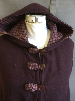 Womens, Cape 1890s-1910s, MTO, Red Burgundy, Wool, Solid, O/S, Solid Twill Cape, Hood, 3 Toggle Buttons, Toggles and Hood Lining Burgundy/Light Burgundy Check with White Lines, Patched Holes