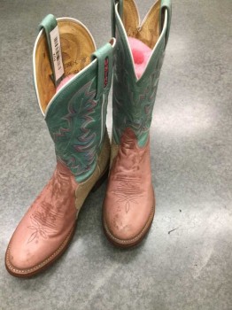 Womens, Cowboy Boots, TONY LAMA/USTRO, Mint Green, Terracotta Brown, Pink, Tan Brown, Blue, Leather, Color Blocking, 8B, Terracotta Foot with Mint Ankle, Multicolor Embroidery at Ankle, Rounded Oval Toe, 1" Heel, Tan Suede Panel at Shin, Loops at Foot Opening with "USTRC" Logo **Stained on Foot