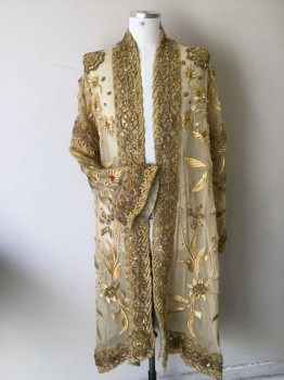 Unisex, Sci-Fi/Fantasy Robe, NL, Gold, Beige, Hot Pink, Green, Polyester, Metallic/Metal, Floral, CH 42, Ethnic Influenced. Beige Power Mesh with Gold Floral Embroidery Embellished with Gold Sequins & Gold Bullion Trim