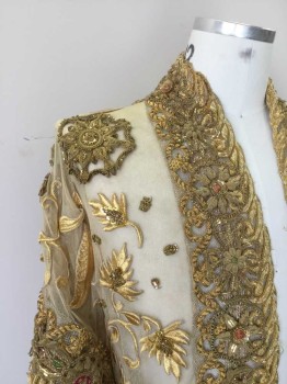 NL, Gold, Beige, Hot Pink, Green, Polyester, Metallic/Metal, Floral, Ethnic Influenced. Beige Power Mesh with Gold Floral Embroidery Embellished with Gold Sequins & Gold Bullion Trim