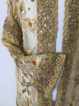 NL, Gold, Beige, Hot Pink, Green, Polyester, Metallic/Metal, Floral, Ethnic Influenced. Beige Power Mesh with Gold Floral Embroidery Embellished with Gold Sequins & Gold Bullion Trim