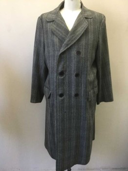 Mens, Coat 1890s-1910s, N/L, Gray, Charcoal Gray, Black, Red Burgundy, Wool, Stripes - Vertical , Speckled, 44, Dashed/Specked Weave, Double Breasted, Rounded Lapel, 2 Pockets, Sienna Brown Silk Lining, Made To Order **Has Small Hole Below Buttons in Front,