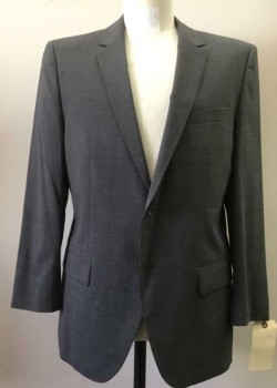 HUGO, Gray, Wool, Solid, 2 Pockets, Notched Lapel,