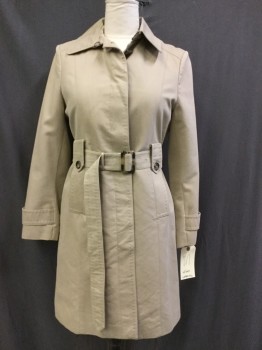 Womens, Coat, Trenchcoat, LONDON FOG, Khaki Brown, Cotton, Polyester, Solid, M, Single Breasted, Hidden Button Placket, Collar Attached, Belt Loop Button Tabs, Button Tab Cuffs, Large Top Stitch, 2 Pockets, Back Vent, MATCHING BELT