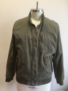 AMERICAN RAG, Olive Green, Cotton, Solid, Zip Front, Rib Knit Waistband, Cuffs and Trim and Stand Collar, 3 Pockets