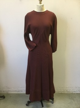 LE FOU, Chocolate Brown, Rayon, Solid, Crew Neck Front with V. Neck Back, 3/4 Length Sleeves, with Darts at Cuffs. Bias Cut Front Bodice. Panelled Skirt Stitched to Waistband, 2 Slit Pockets at Side Seams, Long Skirt