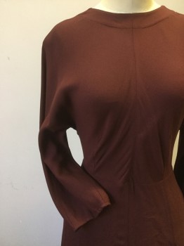 LE FOU, Chocolate Brown, Rayon, Solid, Crew Neck Front with V. Neck Back, 3/4 Length Sleeves, with Darts at Cuffs. Bias Cut Front Bodice. Panelled Skirt Stitched to Waistband, 2 Slit Pockets at Side Seams, Long Skirt