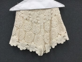 LOVE TREE, Cream, Cotton, Polyester, Solid, Crochet Knit Over Polyester Solid Lining, Elastic Drawstring Waist, Braided Drawstring