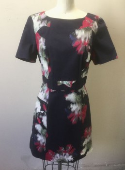 FRENCH CONNECTION, Midnight Blue, Fuchsia Pink, Gray, Olive Green, Cotton, Spandex, Floral, Abstract , Midnight Blue with Abstracted Fuchsia/Gray/Olive Large Flower Pattern, Horizontally Ribbed Texture, Short Sleeves, Bateau/Boat Neck, Hem Above Knee,  2 Zip Pockets at Hips, Open Cutouts at Center Back Shoulders