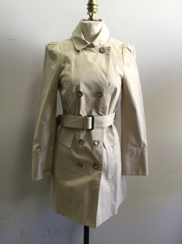 ZARA WOMAN, Tan Brown, Cotton, Elastane, Solid, Double Breasted, Collar Attached, 2 Flap Pockets, Darted Shoulder Inset, Button Cuffs
