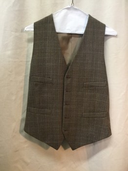 NO LABEL, Brown, Rust Orange, Blue, Wool, Plaid, 4 Welt Pockets, 5 Buttons, Single Breasted, Satin Back