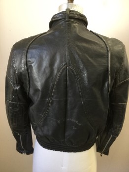 N/L, Black, Leather, Solid, Aged Motorcycle Jacket, Zip Front, Collar with Snap Belt Band, 2 Pockets, Smocked Elastic Waistband, Half Zip Sleeve, Reinforced Shoulders/Elbows