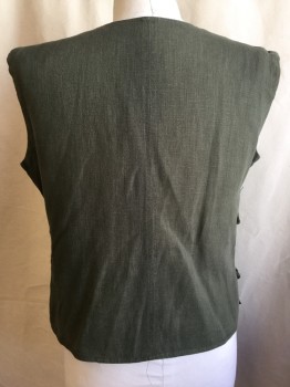 Unisex, Sci-Fi/Fantasy Vest, N/L (MTO), Olive Green, Green, Cotton, Polyester, Solid, L, Shinny Green Lining, V-neck, Wraparound with Ties,