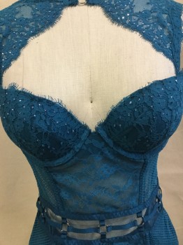 Womens, Negligee, VICTORIA'S SECRET, Turquoise Blue, Nylon, Fishnet, Floral, 34C, Turquoise Lace, Fish Net Side with Tiny Blue Rhinestones, Turquoise Straps
