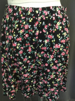 LUSH, Black, Green, Pink, Yellow, White, Rayon, Floral, Elastic Back, Faux Button Front,
