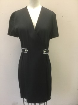RAG & BONE, Black, White, Viscose, Solid, Diagonally Ribbed Crepe, Solid Black with White Piping Trim at Waist Belt (**Detachable/Separate) with 2 Cream Buttons, Wrap Dress with V-neckline, Hem Mini, **Barcode Located Behind Neckline