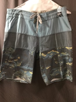 QUICK SILVER, Sea Foam Green, Gray, Charcoal Gray, Tan Brown, Cotton, Polyester, Color Blocking, Abstract , Sea Foam/gray/faded Black W/sea Foam,tan Abstract Horizontal Panel, D-string Waist, 1 Pocket Back