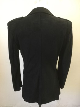 N/L, Black, Leather, Solid, Suede Blazer, Single Breasted, Collar Attached, Peaked Lapel, Epaulets, Long Sleeves, 3 Flap Pockets