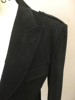 N/L, Black, Leather, Solid, Suede Blazer, Single Breasted, Collar Attached, Peaked Lapel, Epaulets, Long Sleeves, 3 Flap Pockets