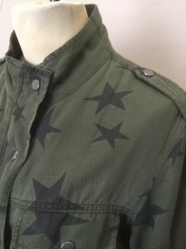 RAILS, Olive Green, Black, Lyocell, Linen, Stars, Olive Twill with Black Stars Repeating Pattern, Zip and Snap Front, Stand Collar, Epaulettes at Shoulders, Drawstring Waist, 2 Large Pockets at Chest with Snap Closures