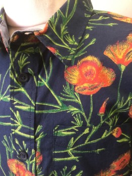 VANS, Navy Blue, Orange, Green, Mustard Yellow, Cotton, Floral, Navy with Orange, Green and Mustard Floral Pattern, Short Sleeve Button Front, Collar Attached, 1 Patch Pocket
