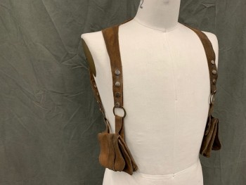 Unisex, Sci-Fi/Fantasy Harness, MTO, Brown, Suede, Solid, O/S, Shoulder Holsters with Two Flap Pouches, Snap Adjustable Straps, Snap Detachable Pouches, Aged/Distressed,  Post-Apocalyptic